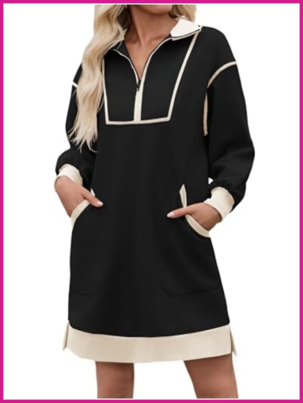 Oversized Half Zip Sweatshirt Dress V Neck Contrast Mini